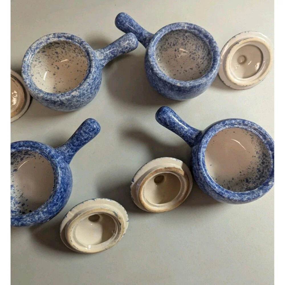 Vintage Bleu Co Gailst Blue Spongeware Lidded Soup Crocks - Set of 4 - Picture 4 of 15